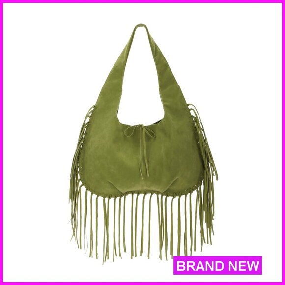 Handbags - Vegan Faux Suede Hobo Bag with Fringe Tassel Shoulder Purse